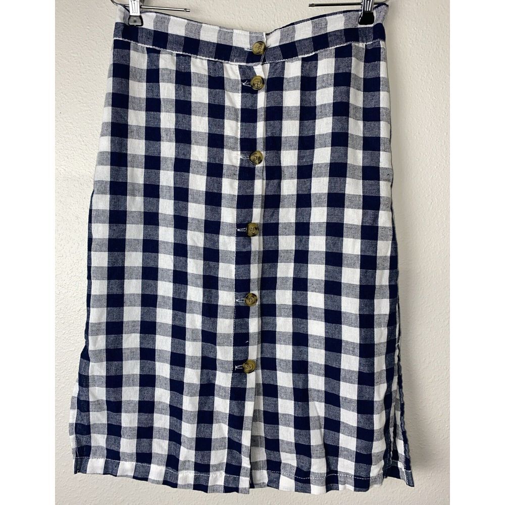 Telluride Clothing Womens Skirt Size Small Gingham Blue White Linen Pockets